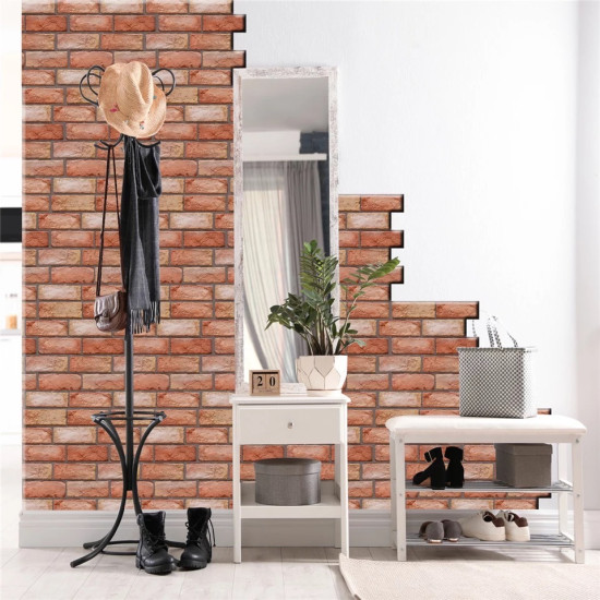 Self-adhesive 3D foam wall panels with red brick pattern in an entryway setting with coat stand and bench