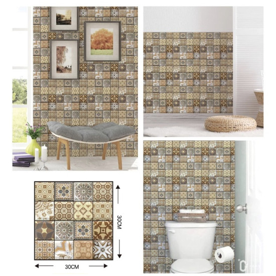 Self-adhesive 3D foam wall tiles with vintage floral and geometric patterns in brown and beige tones