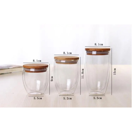 Clear Double Wall Glass Cups with Bamboo Lids Set Set of three clear double wall glass cups with round bamboo lids, varying heights and widths, shown with measurements
