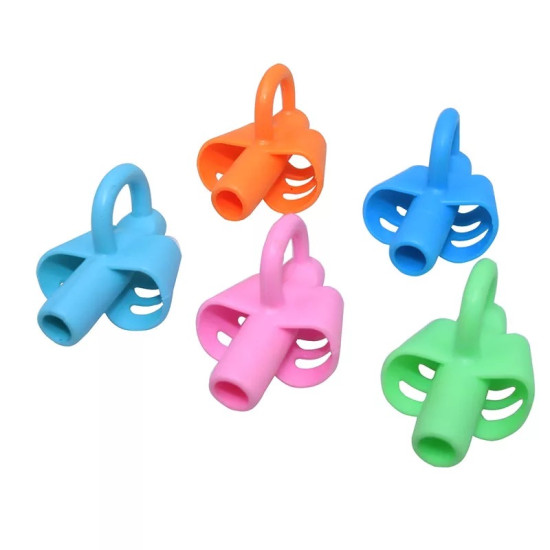 Set of colorful silicone pencil grips with loops to help children hold pens comfortably and improve writing posture