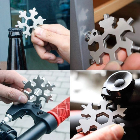 Silver Snowflake Multitool for Various Repairs Four images showing a silver snowflake-shaped multitool held by a hand. The tool has multiple protrusions and a hexagonal hole in the center. In the images, the tool is positioned near a bottle cap, a screw on a metal surface, a bicycle brake lever, and a