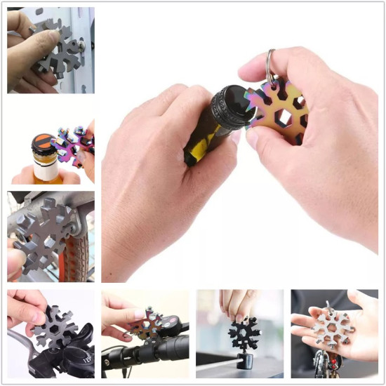 18-in-1 Snowflake Multitool Keychain for Home and Device Repair Multiple images showing a snowflake-shaped multitool keychain in silver and rainbow colors. The tool has multiple protruding heads and a hexagonal hole in the center. It is used near a bottle cap, a bike tire, a lock, a bike handlebar, and a hand holding