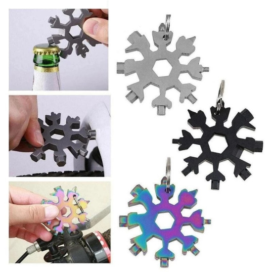 Snowflake shaped multitool keychain in metal colors Three snowflake-shaped multitools in silver, black, and rainbow colors with key rings. The tools have multiple protrusions and a hexagonal hole in the center. The images show the tool being used to open a bottle cap, tighten a bolt, and adjust a bike part