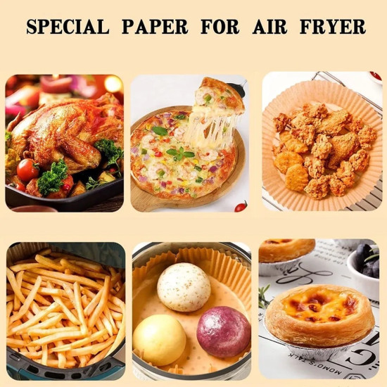 Nonstick air fryer baking papers used for roasting chicken, pizza, fried snacks, fries, buns, and egg tarts
