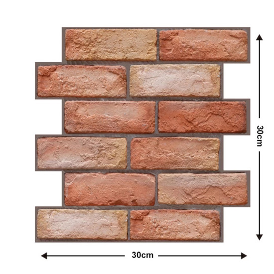 Square panel with a 3D brick pattern in red and beige tones. The panel measures 30cm by 30cm with staggered rectangular bricks arranged in rows. No hooks or loops visible.