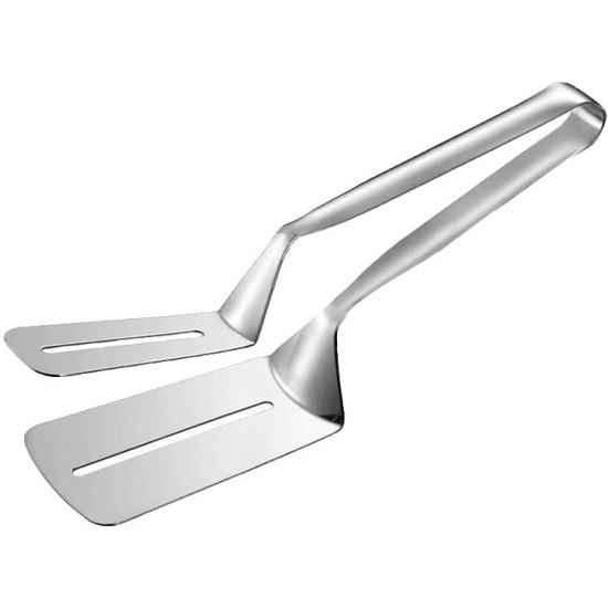 3-in-1 Stainless Steel Cooking Tongs with Flat Slotted Heads Stainless steel cooking tongs with two flat heads featuring long slots for flipping and serving food