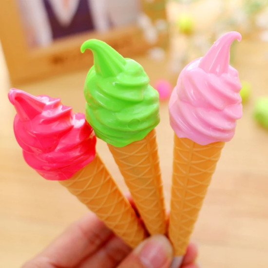 Innovative Ice Cream Cone Shaped Pens for Daily Writing Three pens shaped like ice cream cones with swirled tops in pink, green, and red colors held in hand