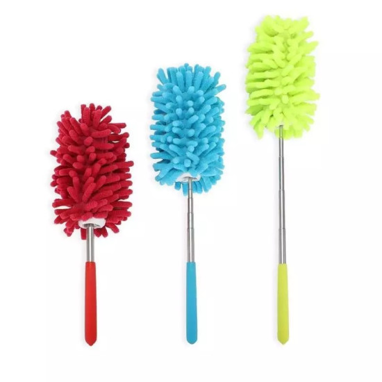 Versatile Multi-use Cleaning Dusters with Extendable Handles Three microfiber cleaning dusters in red, blue, and yellow with extendable metal handles and soft chenille heads
