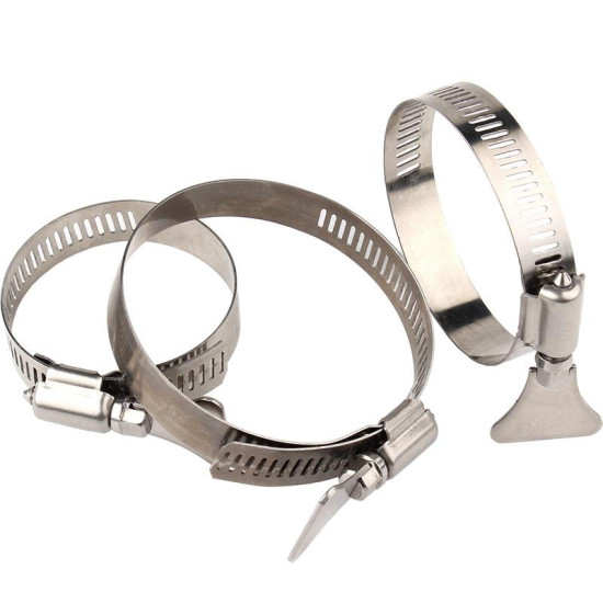 Metal Hose Clamps with Wing Tighteners for Hose and Cable Securing Three metal hose clamps with wing tighteners for securing hoses and cables