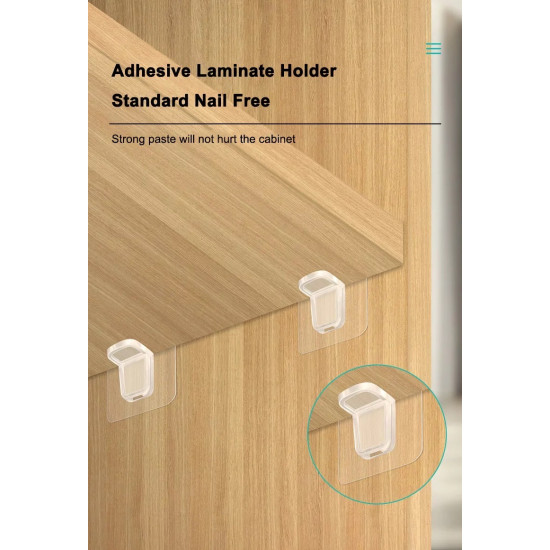 Transparent adhesive shelf brackets holding a wooden shelf without nails or drilling