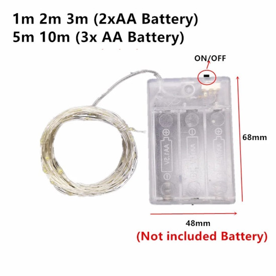 Coiled LED string lights connected to a transparent battery box with visible compartments for three AA batteries. The battery box has an ON/OFF switch marked in red and printed measurements of 68mm height and 48mm width. Text above indicates battery requi