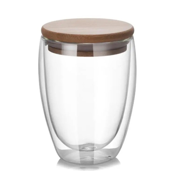 Double Wall Glass Cup with Bamboo Lid for Heat Retention Transparent double wall glass cup with a flat bamboo lid for maintaining beverage temperature