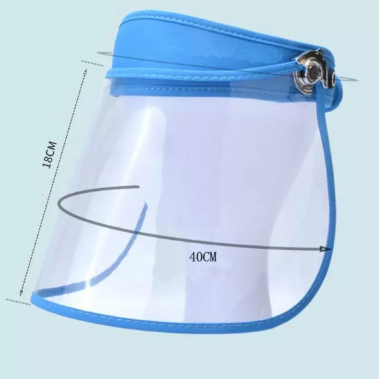 Adjustable Transparent Face Shield with Blue Trim and Metal Snap Transparent face shield with blue trim and adjustable strap featuring metal snap button, printed measurements 18CM height and 40CM width, curved shape with visible stitching along edges