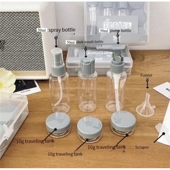 Set of 6 clear plastic cosmetic bottles