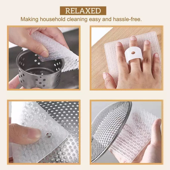Transparent textured silicone cleaning pad with finger ring used for scrubbing kitchen utensils and vegetables