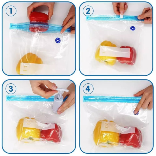 Vacuum seal bags with blue zipper containing red and yellow bell peppers and a white manual pump