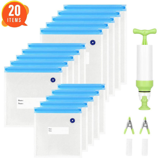 Set of transparent vacuum seal food storage bags with blue zippers, manual pump, and green clips