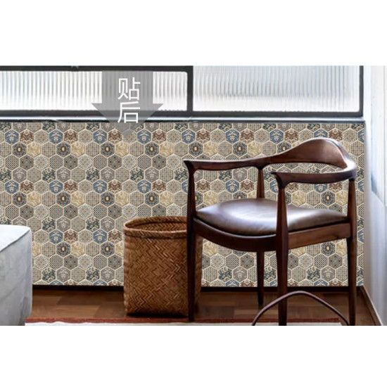 3D self-adhesive foam wall decor with vintage hexagonal floral and geometric patterns in beige and blue