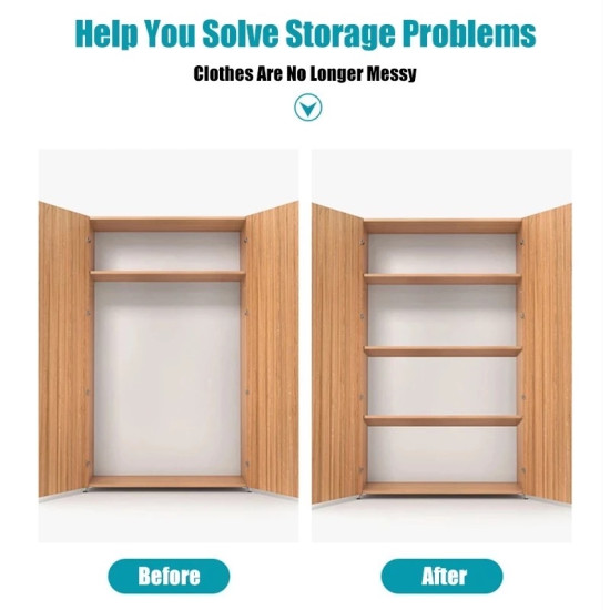 Wardrobe before and after adding multiple adhesive shelf supports to increase storage space