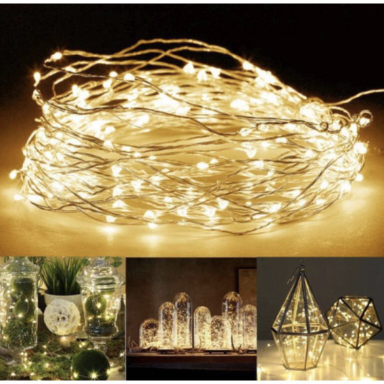 Coiled warm white LED string lights glowing on a surface with small bright bulbs. Below, three smaller images show the lights inside glass jars with green decorations, inside glass domes on a dark surface, and inside geometric glass lanterns emitting warm