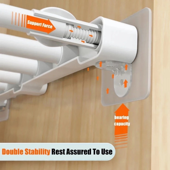 White adhesive shelf support with internal screw mechanism and bearing capacity on wooden surface