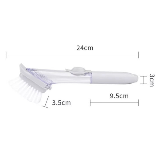 White Bristle Dish Brush with Transparent Soap Container and Handle White bristle dish brush with a transparent soap container and white handle. The brush head is angled with bristles extending downward. Visible printed measurements show 24cm length, 3cm handle diameter, 9.5cm handle length, and 3.5cm brush head width. Th