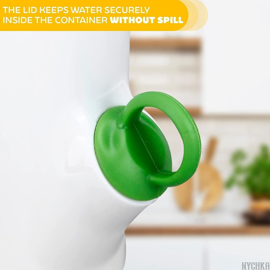 White container with a green circular seal ring to keep water securely inside without spilling