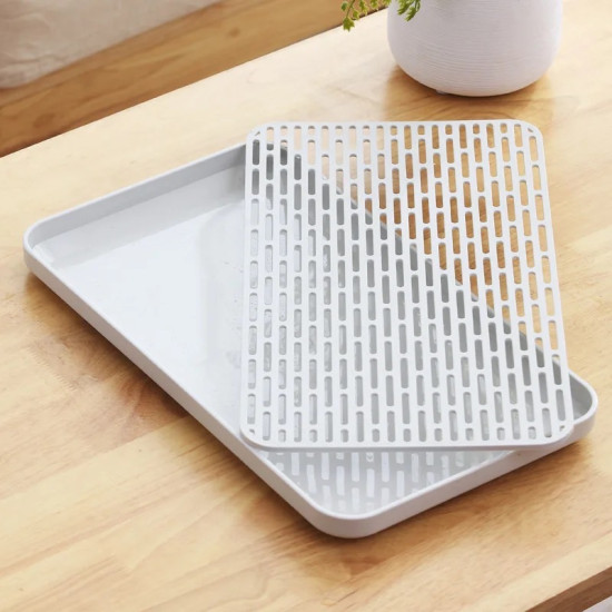 Double Layer White Serving Tray with Removable Slotted Rack White double-layer serving tray with removable slotted rack to separate liquids