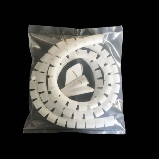 White Flexible Cable Organizer Strip White flexible cable organizer strip with square slots coiled inside clear plastic packaging
