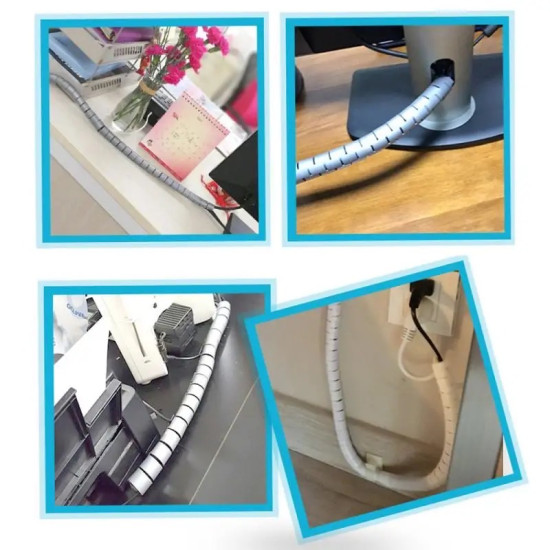 Flexible White Cable Protector Sleeve for Cable Management White flexible cable protector sleeve organizing cables on desk and floor in various setups