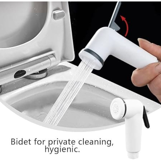 White handheld bidet spray with black lever spraying water into a toilet bowl