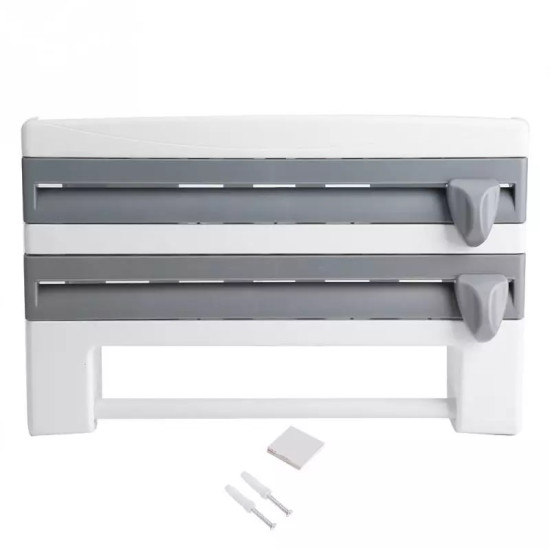 White kitchen wrap organizer with two horizontal gray cutting levers for foil and plastic wrap