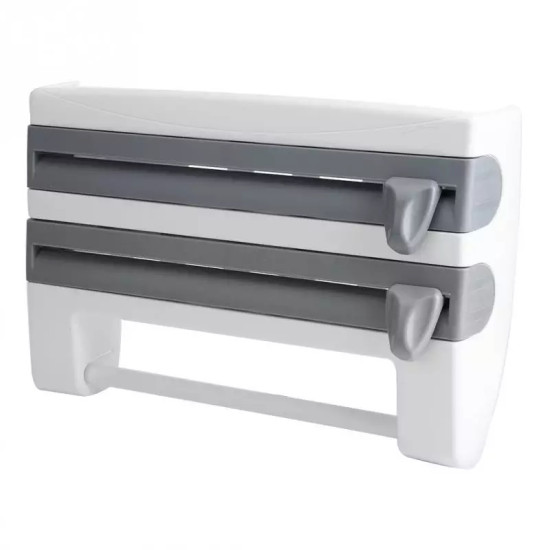 White kitchen wrap organizer with two horizontal gray levers and a bottom bar for holding rolls