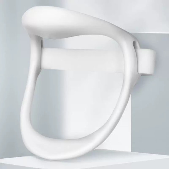 Smart Neck Brace for Posture Correction and Improvement White neck brace with a smooth curved open frame and adjustable strap for neck posture support