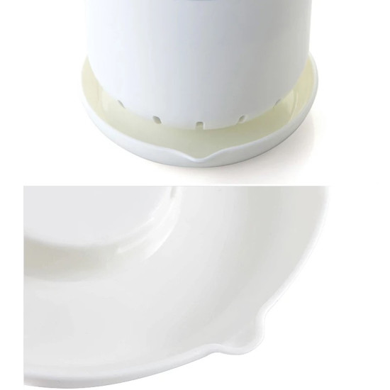 White round cutlery holder with vertical slots on a white round drip tray featuring a small spout