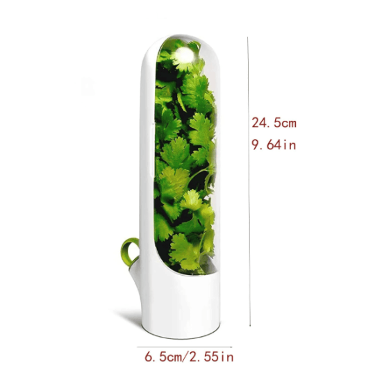 White vertical herb storage container with transparent front and green hook on the side