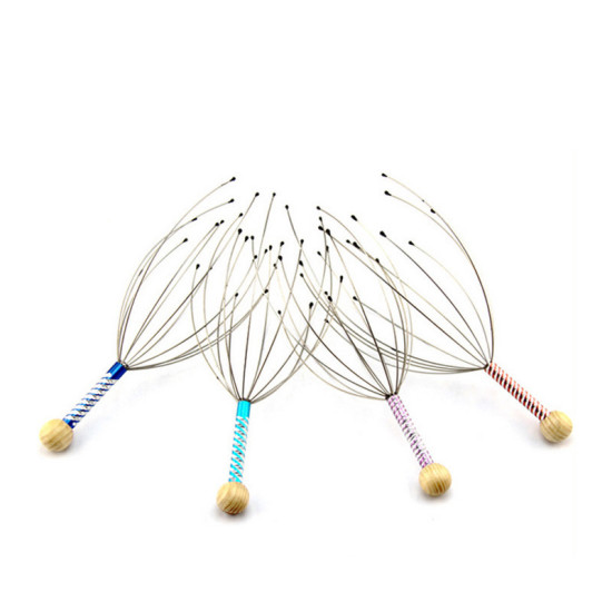 Set of four wire scalp massagers with wooden round handles wrapped in colored tape for relaxation and blood circulation
