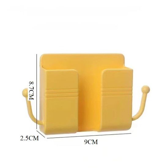 Yellow Adhesive Wall Mounted Holder with Side Hooks Yellow adhesive wall-mounted holder with two compartments and side hooks for organizing accessories