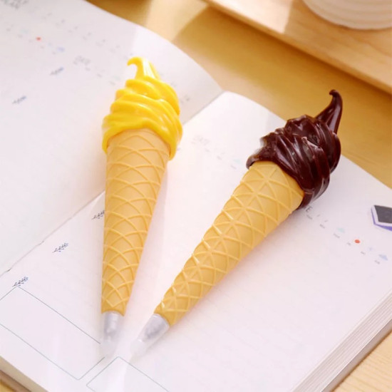 Innovative Ice Cream Cone Pens for Daily Writing Two pens shaped like ice cream cones with yellow and chocolate swirl tops on an open notebook