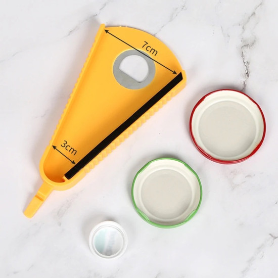 Yellow Multi-Function Jar and Bottle Opener with Metal Insert Yellow triangular multi-function jar opener with metal bottle opener and ridged edges next to three jar lids